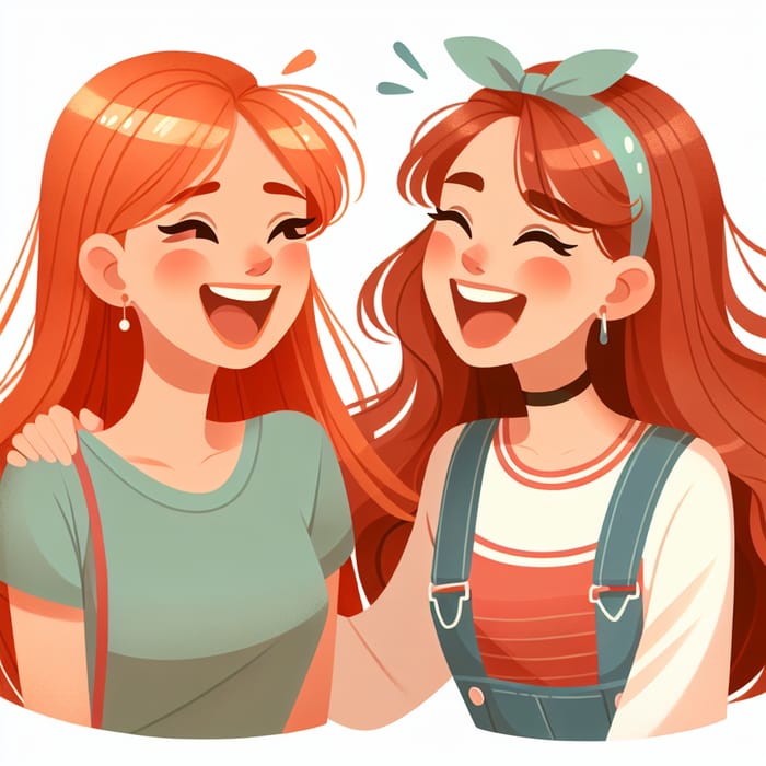 Red Head Best Friends Laughing Drawing | Youthful Friendship Art