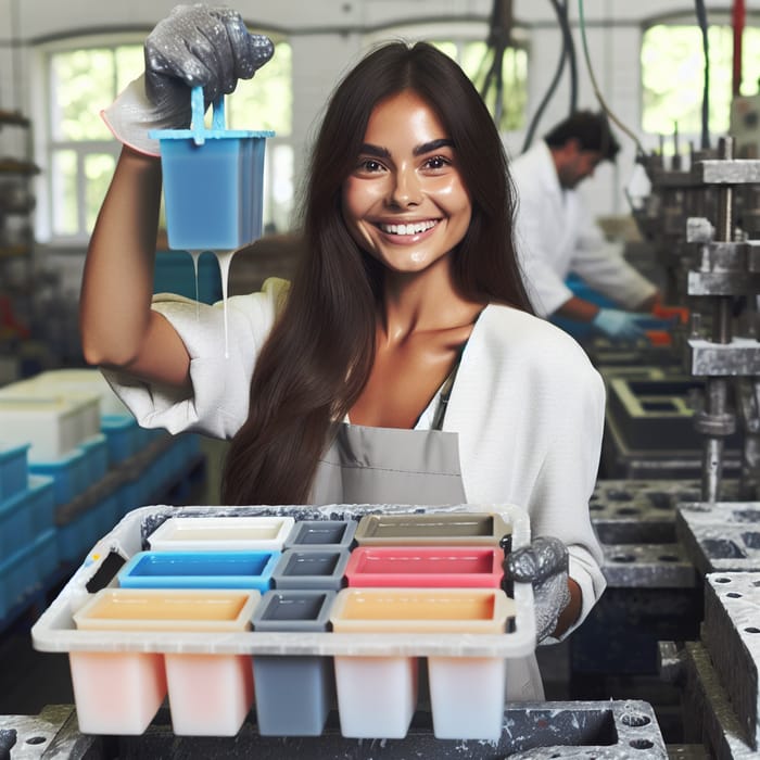 Pouring Polyurethane Resin: Colorful Workshop with Smiling Girl and Molds