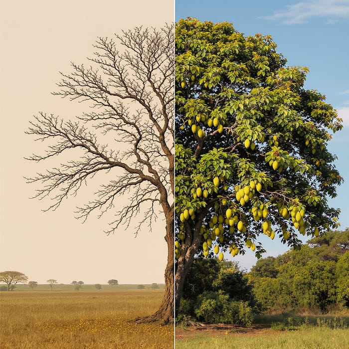 Contrasting Tree: Dry vs. Lush Mango Growth Contrasting Tree: Dry vs. Lush Mango Growth