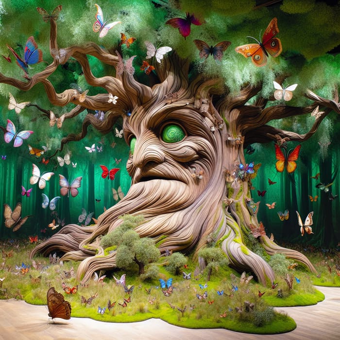 Whimsical Animated Tree with Butterflies in Forest