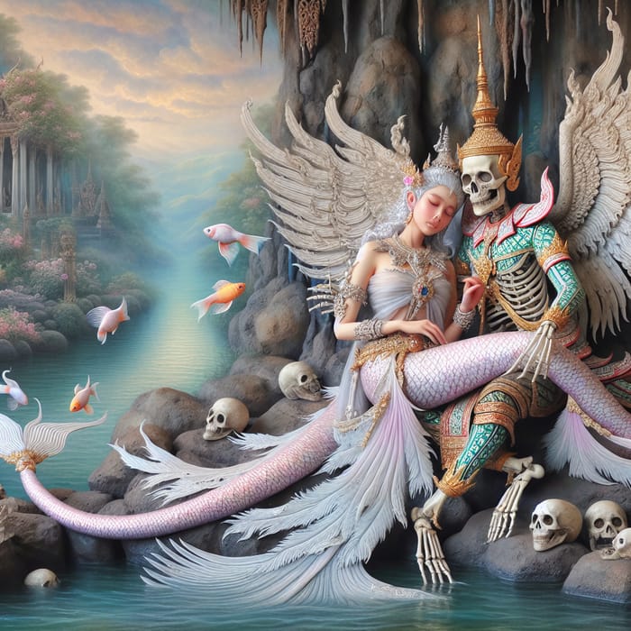 Enchanting Thai Folklore Art: Tale of Skeleton Grandpa and Mermaid Angel