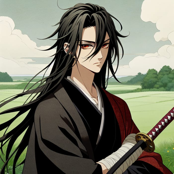 Contemporary Anime Character in Traditional Japanese Style | Black Hair, Orange Eyes, Katana