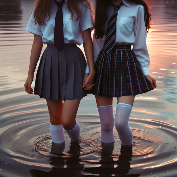 School Girls in Uniforms by the Waterside