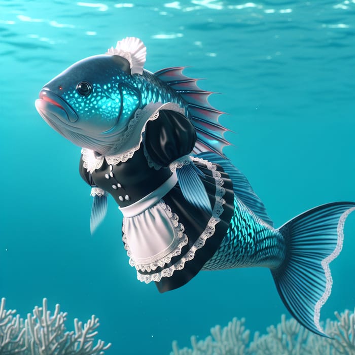 Enchanting Fish-Headed Maid Mermaid in Silvery Turquoise Waters