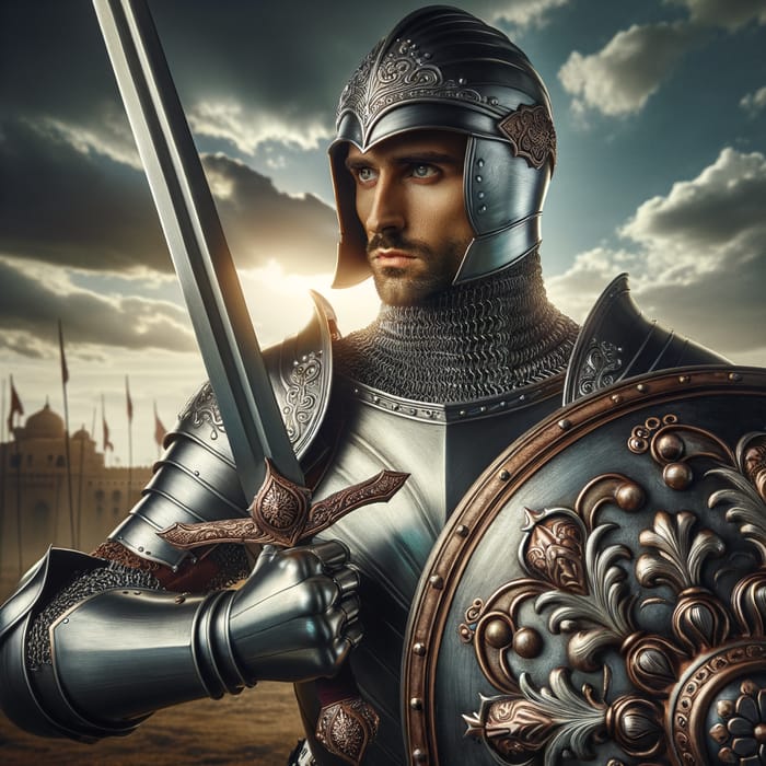 Middle-Eastern Paladin in Battle Stance with Sword and Shield | Stunning Armor