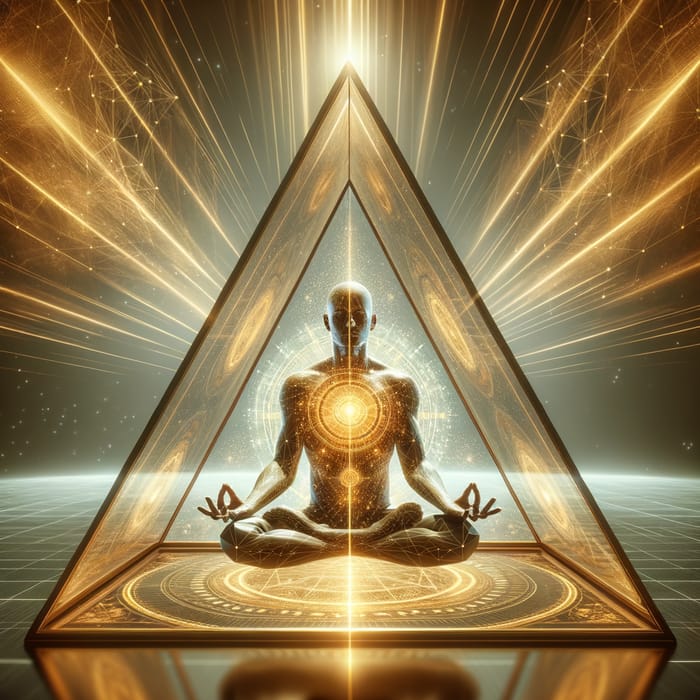 Man in Lotus Position Inside Gold Pyramid - Meditative Energy