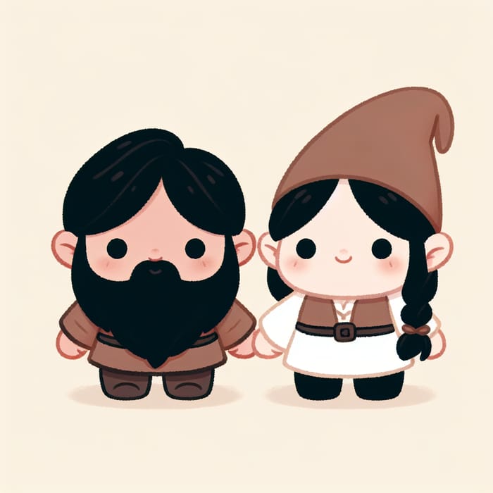 Cute White Gnomes with Black and Light Brown Hair Holding Hands