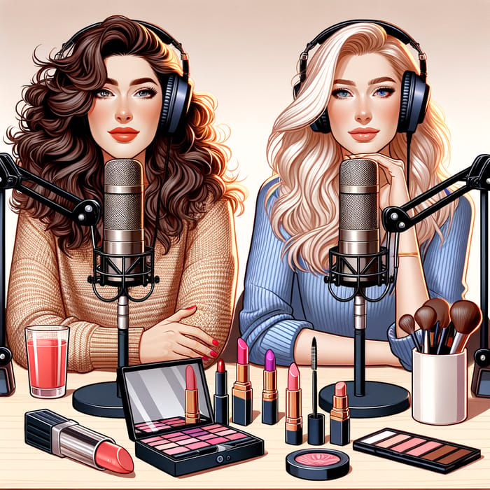 Blonde Girls Podcasting in Cosmetics-Styled Radio Studio