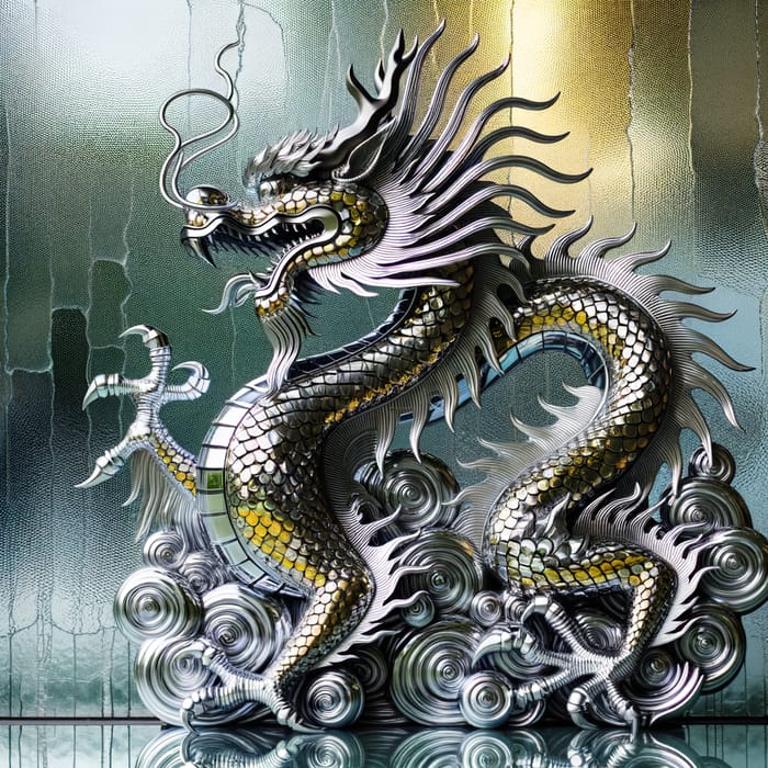 Chrome Dragon on Grey Glass Background | Yellow & Black Accents Chrome Dragon on Grey Glass Background | Yellow & Black Accents