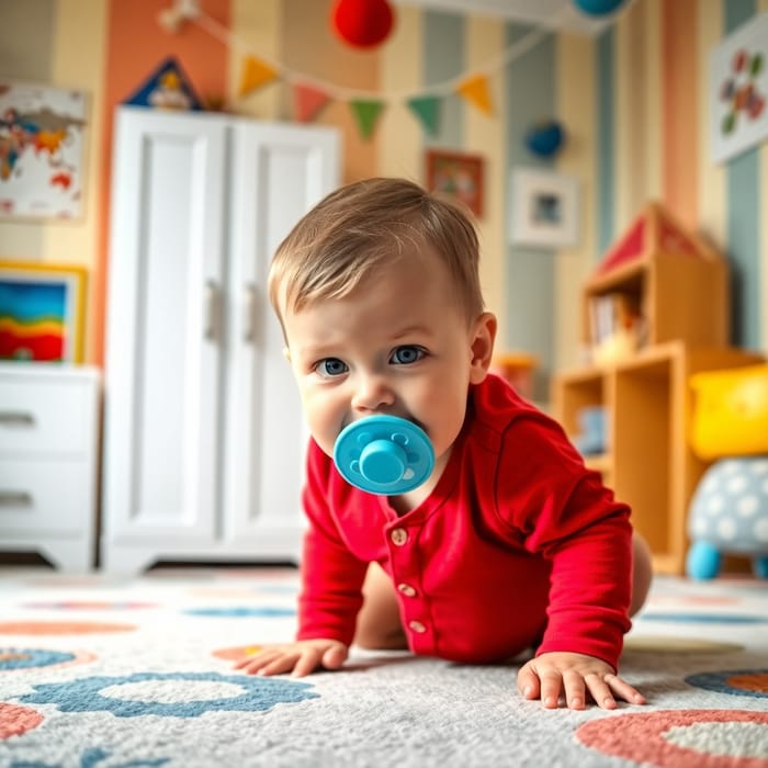 Caucasian Boy Playing in Colorful Nursery Room