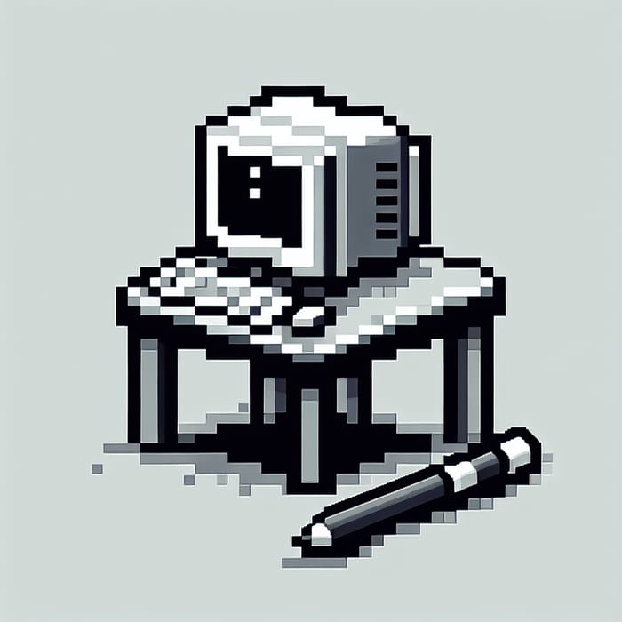 Minimalist Pixel Art Table with Monochrome Computer