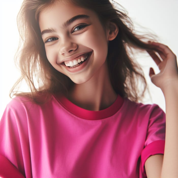 Young Girl in Vibrant Pink T-Shirt: Candid & Playful Portrait