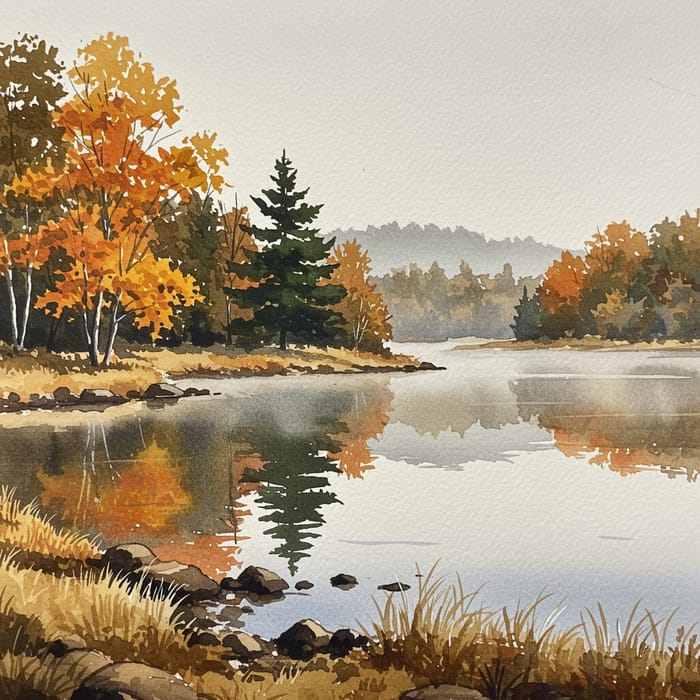 Serene Autumnal Lake Scene Watercolor Painting