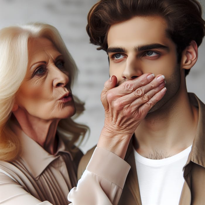 Blonde Older Woman Silencing Young Man