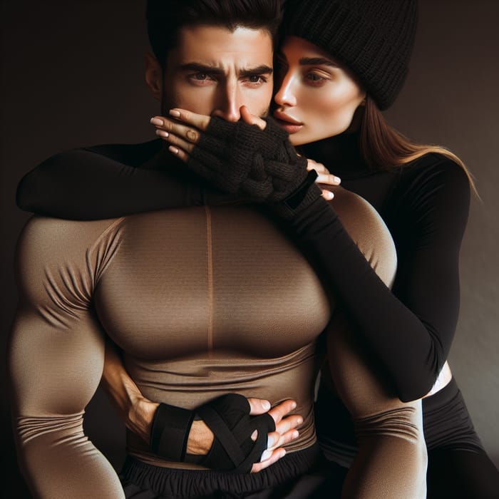 Multicultural Embrace: Athlete Woman Holds Man in Black Attire