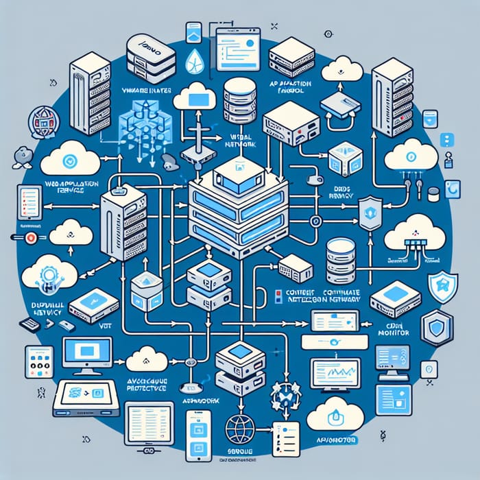 Azure Cloud Architecture with VMWare, Databases, WAF, VNet, DDos, CDN, Azure Monitor, CI/CD DevOps - Visual Representation