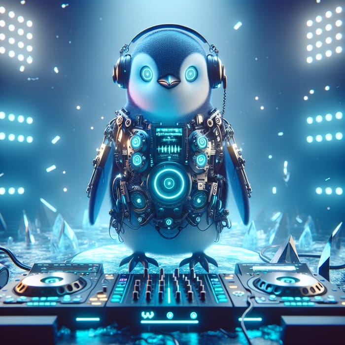 Futuristic Techno Penguin in Neon-Lit Environment