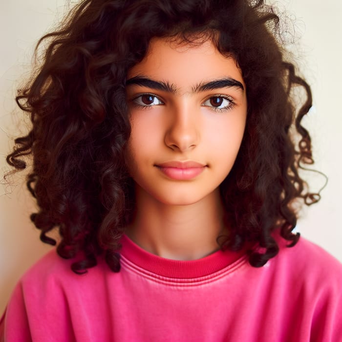 Moroccan Teen with Curly Hair in Fuchsia Pink Shirt