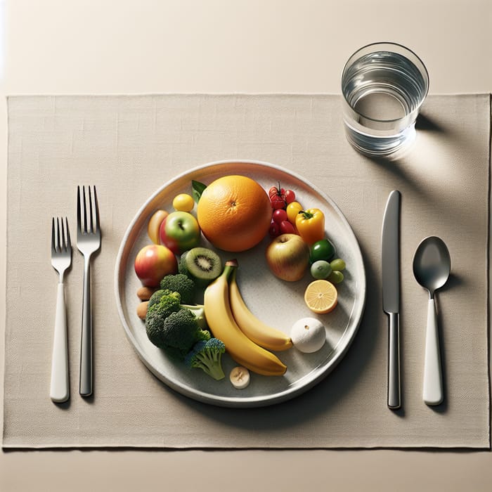 Minimalist Healthy Eating: Simple Table Set-Up with Colorful Fruits & Vegetables