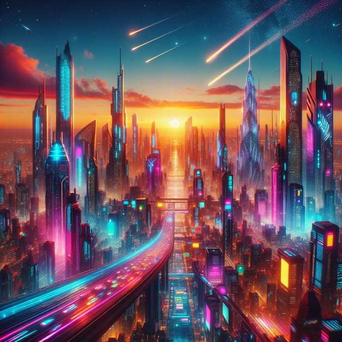 Vibrant Neon Cyberpunk Cityscape at Sunset