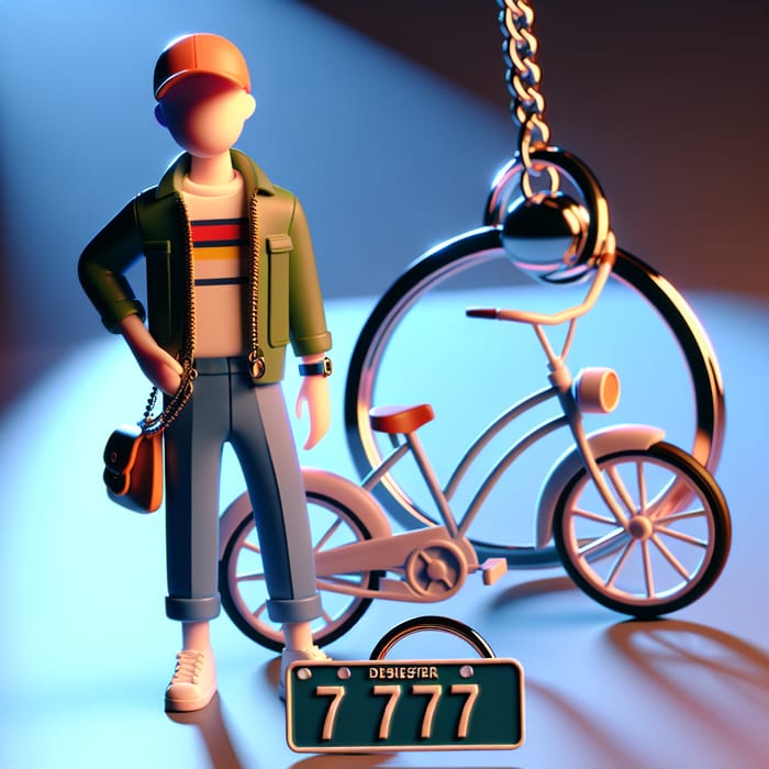 3D Keychain: Isah in Trendy Clothes Standing with Bike | Dynamic Number 7777