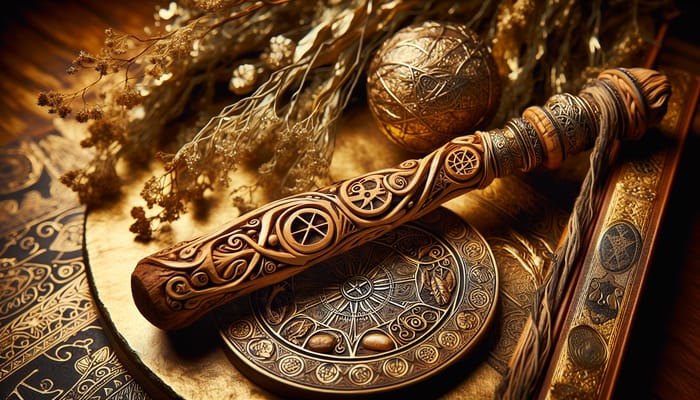 Enchanting Pagan Wand on Golden-Silver Background