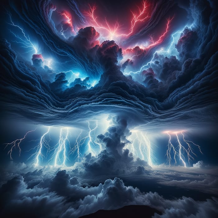 Vivid Red & Blue Lightning in Stormy Sky