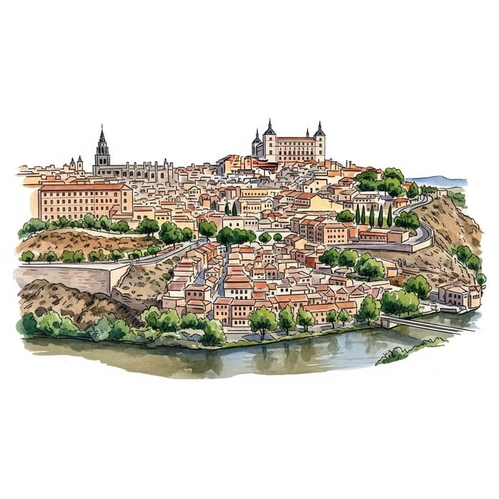 Toledo Skyline Watercolor Art - Spain