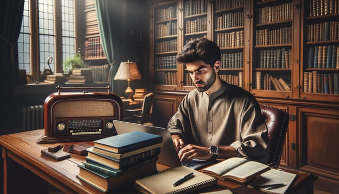 Guy Studying in a Cozy Library with Classical Music