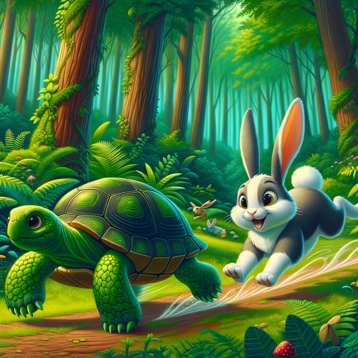 Turtle and Rabbit Playful Race in Green Forest