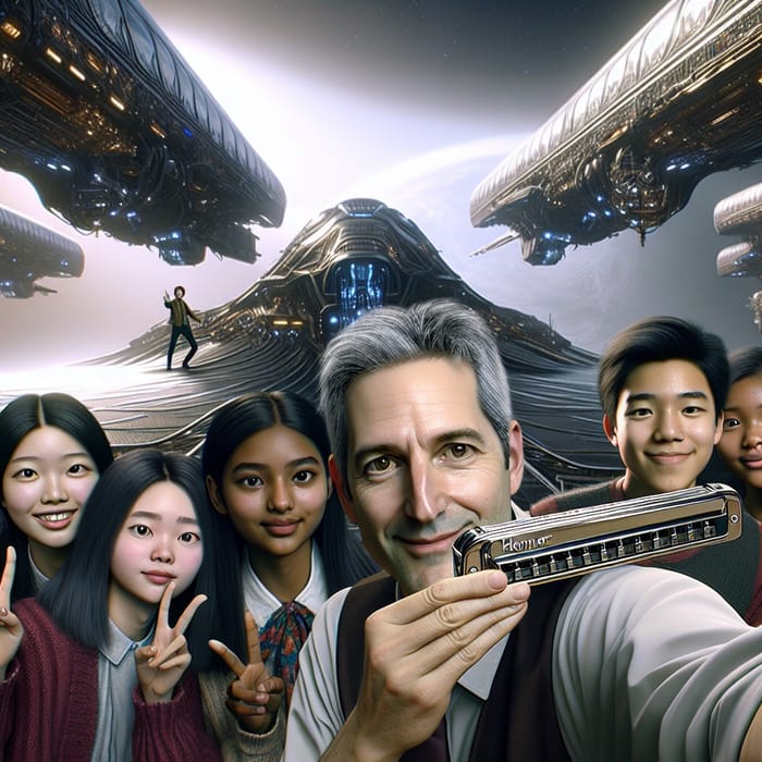 Futuristic Classroom Selfie with Diverse Group of Students & Teacher