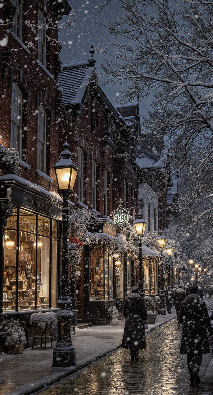 Victorian Streetscape at Night: A Winter Wonderland