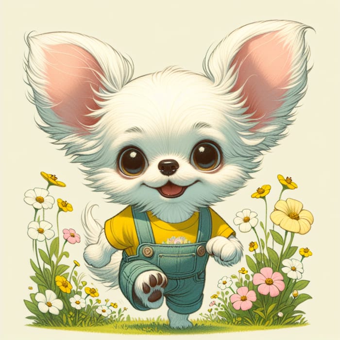 Adorable White Chihuahua in Yellow T-Shirt and Overalls Running in Floral Disney-Like Wonderland