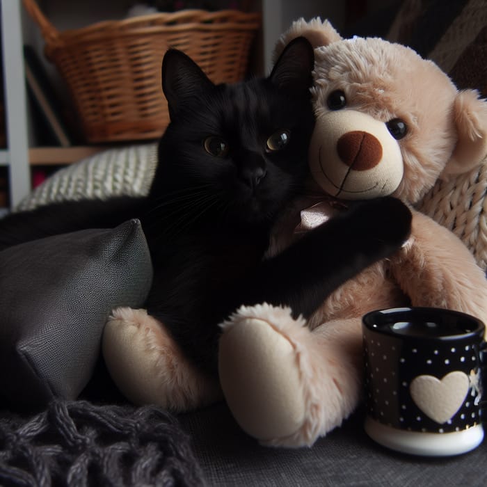 Black Cat Hugging Teddy Bear - Adorable Moment