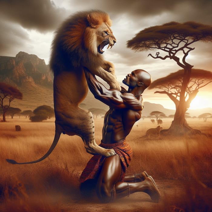 Black Man Wrestling Lion in Brave Showdown | Striking Tribal Display