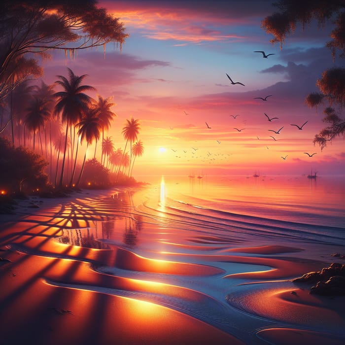 Tranquil Beach Sunset Scene | Golden Sun & Serene Waters