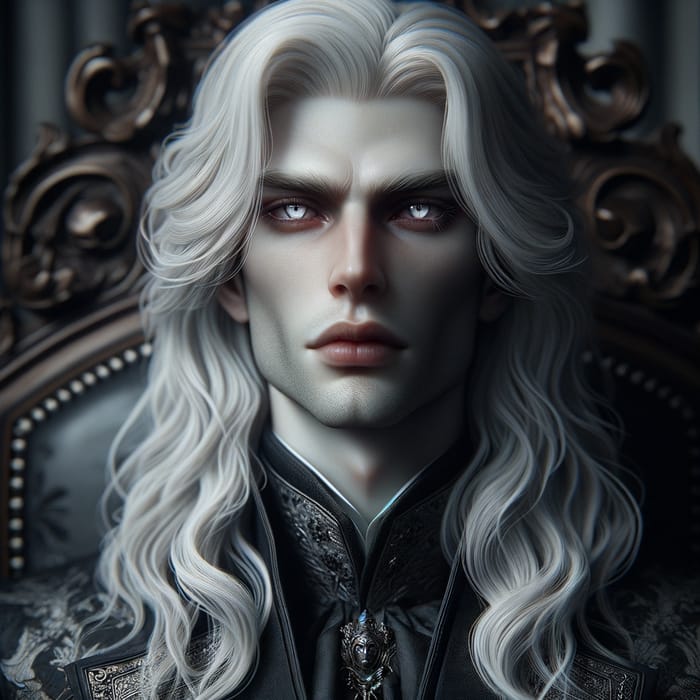 Male Fantasy Character with Piercing White Eyes in Victorian Attire