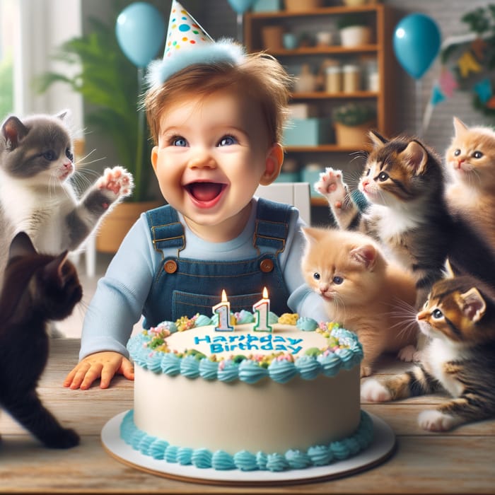 Cute Baby Boy Celebrates Birthday with Playful Cat