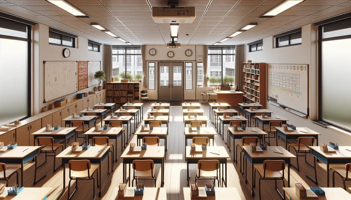 Modern School Classroom View with Whiteboard and Bookshelves