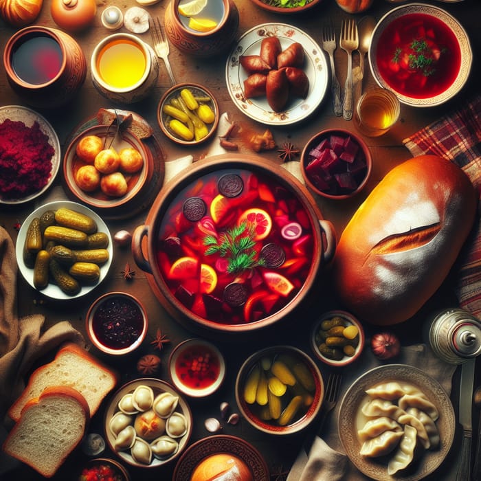 Traditional Russian Dinner from Above: Borsch, Pelmeni & More