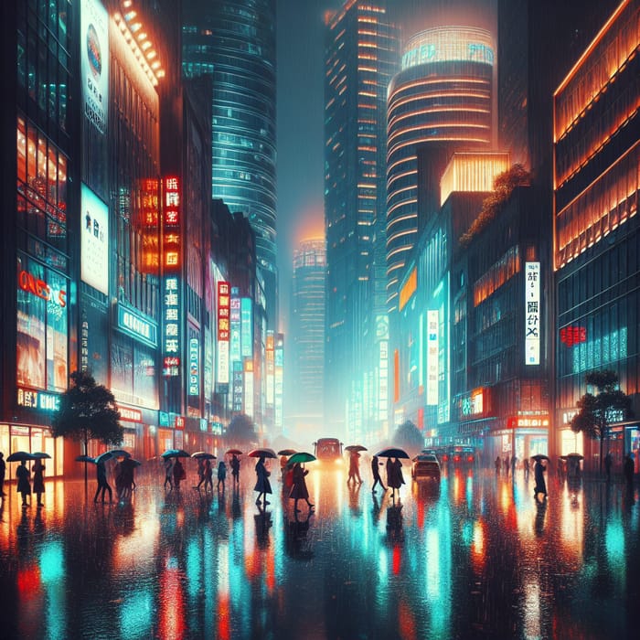 City Night Center in Rain: Vibrant Lights & Colors