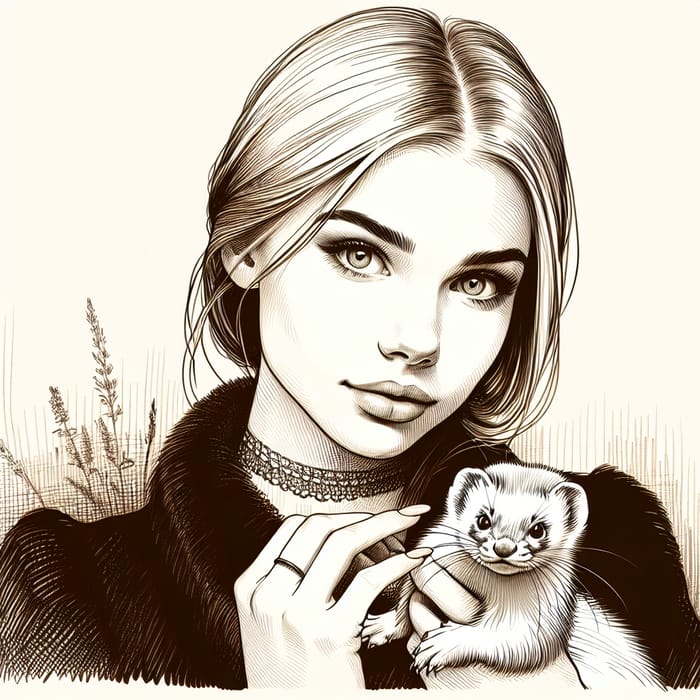 Justyna Salmanowicz with Ferret - Hand-drawn Illustration