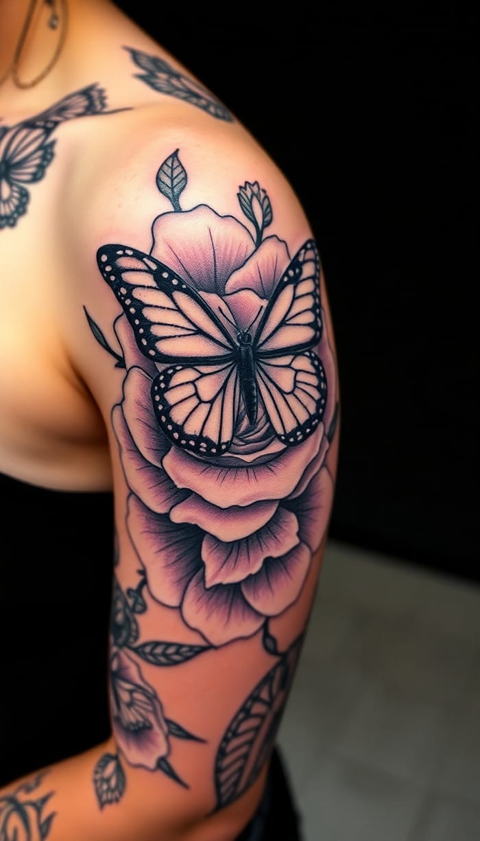 Elegant Butterfly and Rose Tattoo Design