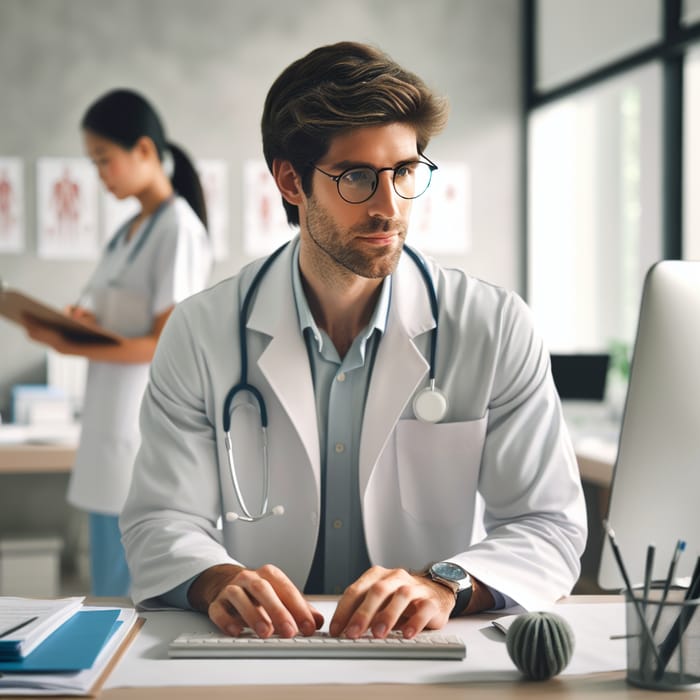 Male Doctor Working at Computer Desk with Nurse Assistance