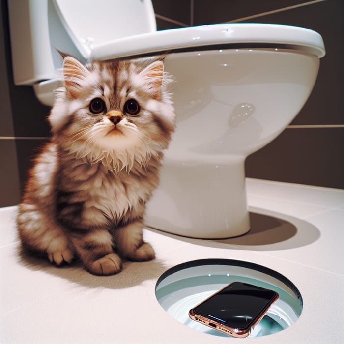 Curious Kitten Surprised by Cell Phone in Toilet