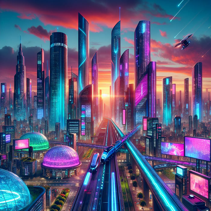 Futuristic Cityscape - Vibrant Metallized Blues & Neon Greens