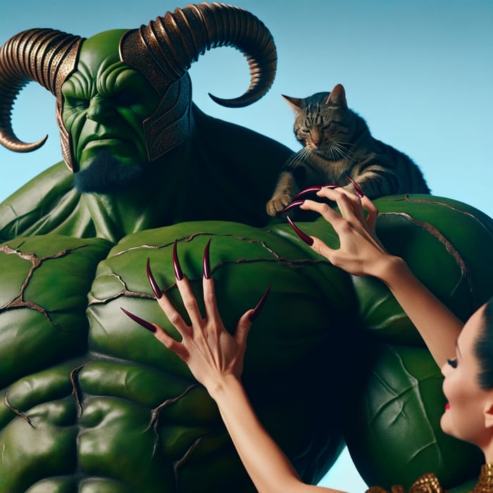 Woman with Cat-Like Nails Scratching Green Humanoid's Back