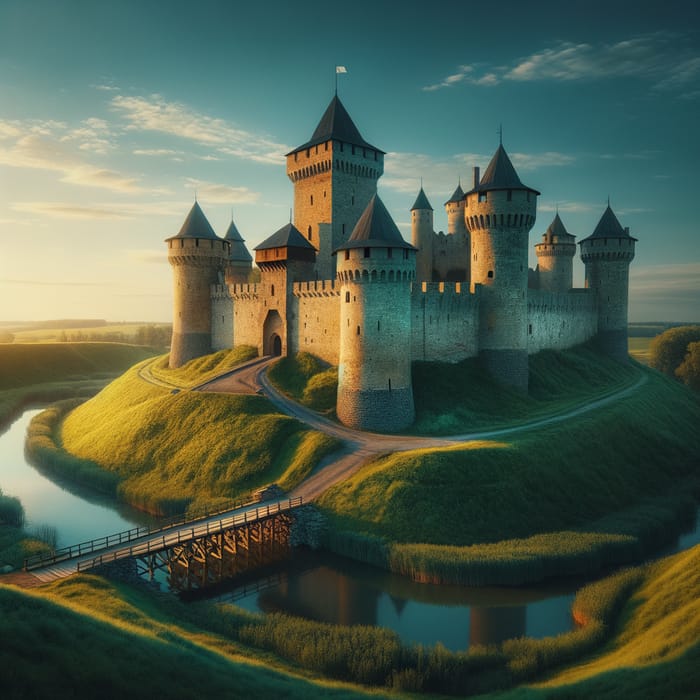 Medieval Castle at Sunset on Grassy Hill