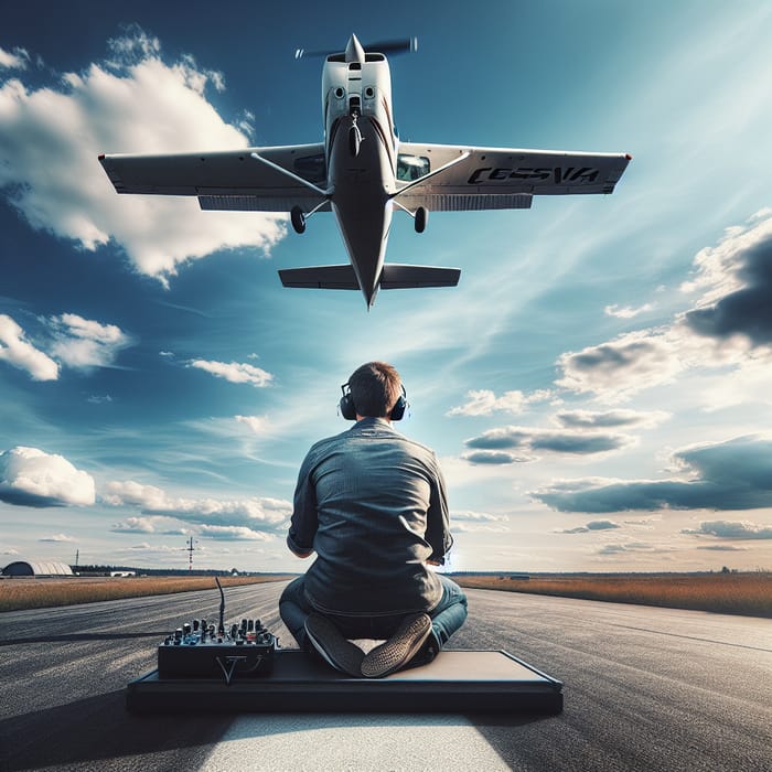 Sim Racer on Airport Runway Contrasted by Flying Cessna Aircraft