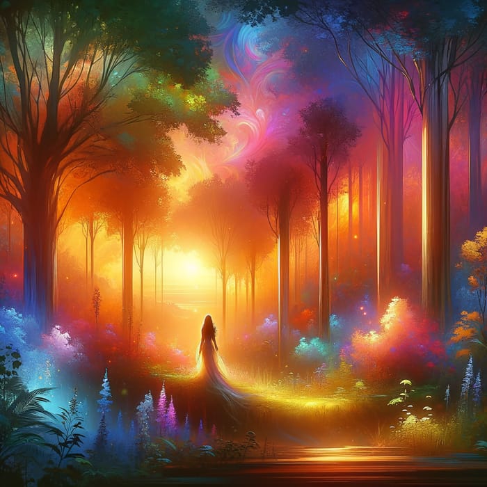 Mystical Forest at Sunset: Serene Fantasy Scene